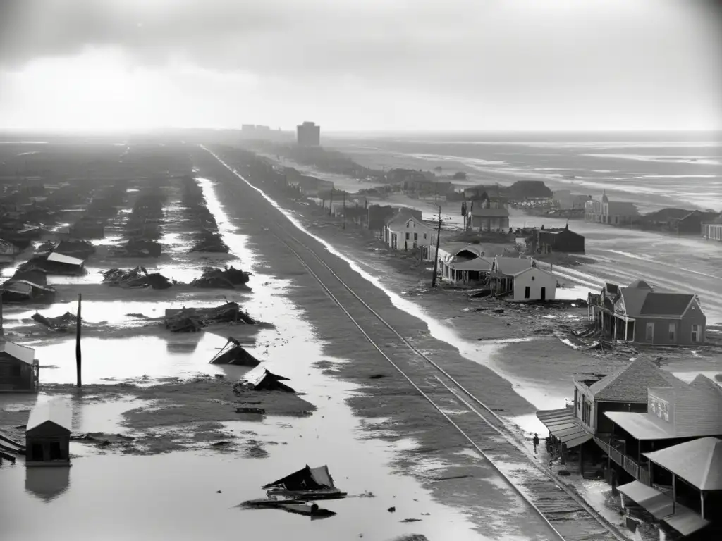Devastated Galveston after 1900 storm: wreckage, dilapidated buildings, loss, struggle; hurricane disaster