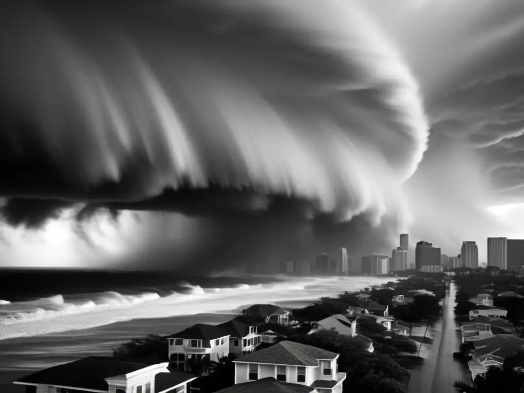 A cinematic black and white photograph of a devastating 1935 Labor Day Hurricane tearing through a city, photographed with a long lens between 200500mm and shot at a low angle from a safe distance, with a slow shutter speed and soft shadows, creating a dramatic and ominous mood, owing to the immense wind speeds and massive waves crashing onto buildings and homes
