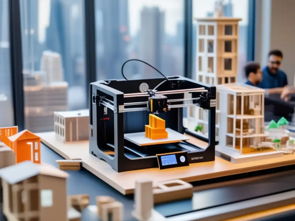 A 3D printer transforms housing stock through innovation: In the foreground, an assembly of people work tirelessly to design new structures