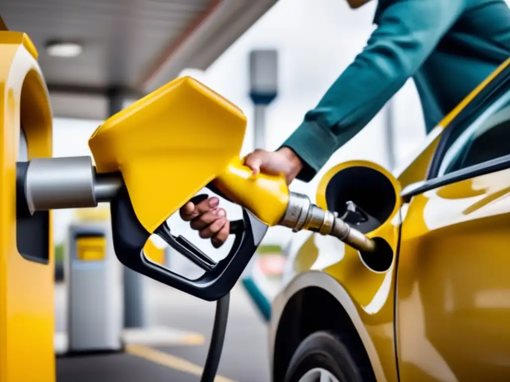 A person pouring fuel stabilizer into a busy city gas station at night, with a warm color palette and dramatic lighting