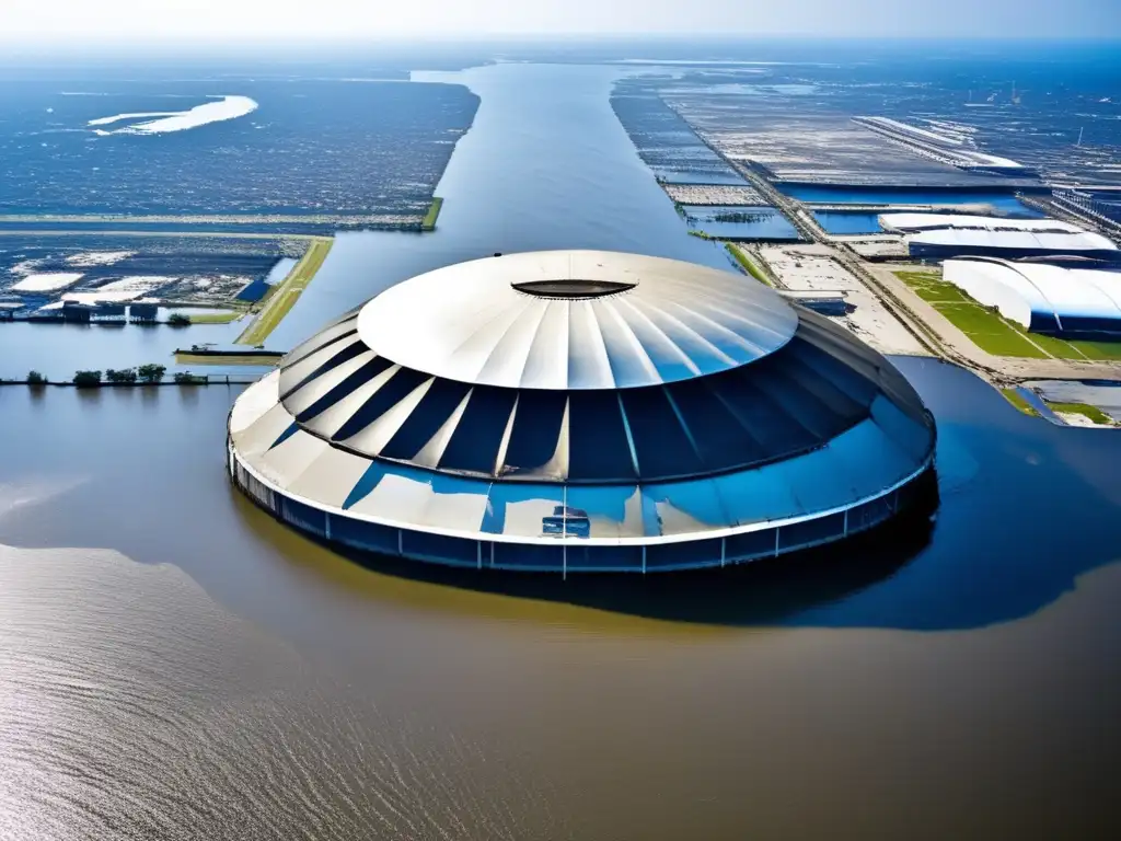 Abandoned and flooded, New Orleans Superdome sits symbolically atop a sea of destruction