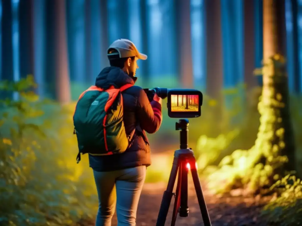 A person trekking through a midnight forest with a encased thermal imaging camera, capturing vivid images of unseen nocturnal wildlife while keeping focus on their goal- all thanks to its advanced image processing capabilities