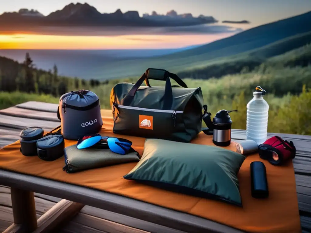 A cinematic adventure awaits: A woman calmly packing her gobag on a rustic wooden table, surrounded by essentials for the great outdoors