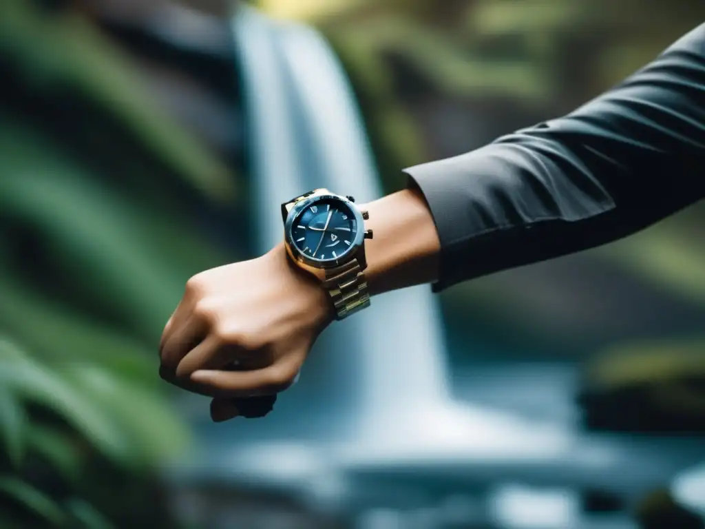 Dash: A stunning photo of a lone person standing by a powerful waterfall, stretching out their arm to hold a sleek and advanced watch in focus