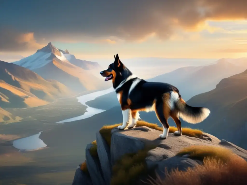 A majestic mountain dog perches on a cliff edge, investigating the boundless horizon with a GPS tracking device on its hind leg