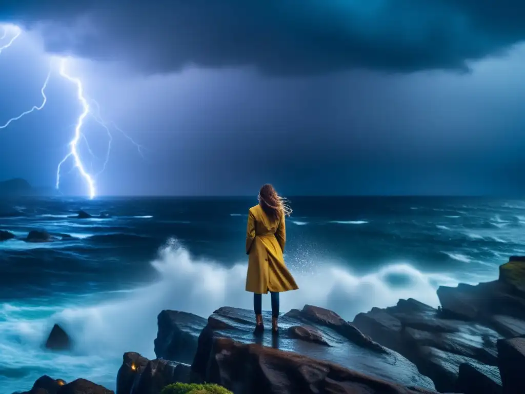 A determined woman stands boldly on a rocky cliff, weathering a stormy sea with lightning strikes behind her