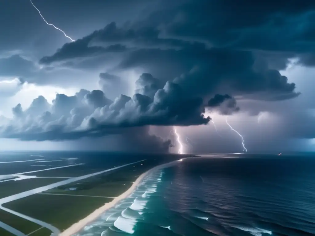 Dash-A stunning aerial view of Hurricane Harvey's destructive force, with swirling winds drenching the coast and lightning illuminating the sky, as a bright red and white striped airplane bravely flies through the storm in search of safety