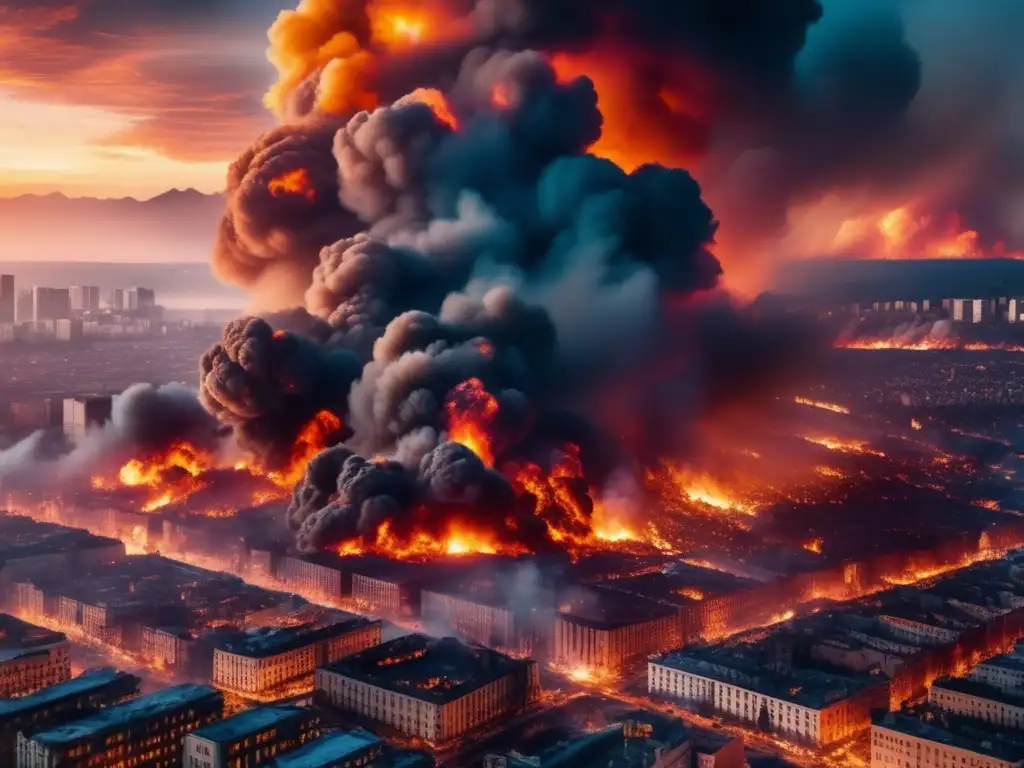 A mesmerizing aerial shot of cities on fire, smoke engulfing streets and buildings