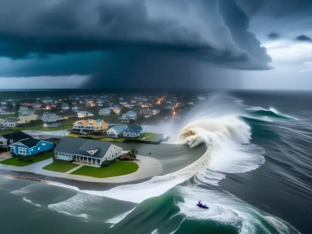 A gripping aerial shot of a terrifying hurricane ravaging a small coastal town, with fractured buildings, littered streets, and a turbulent ocean