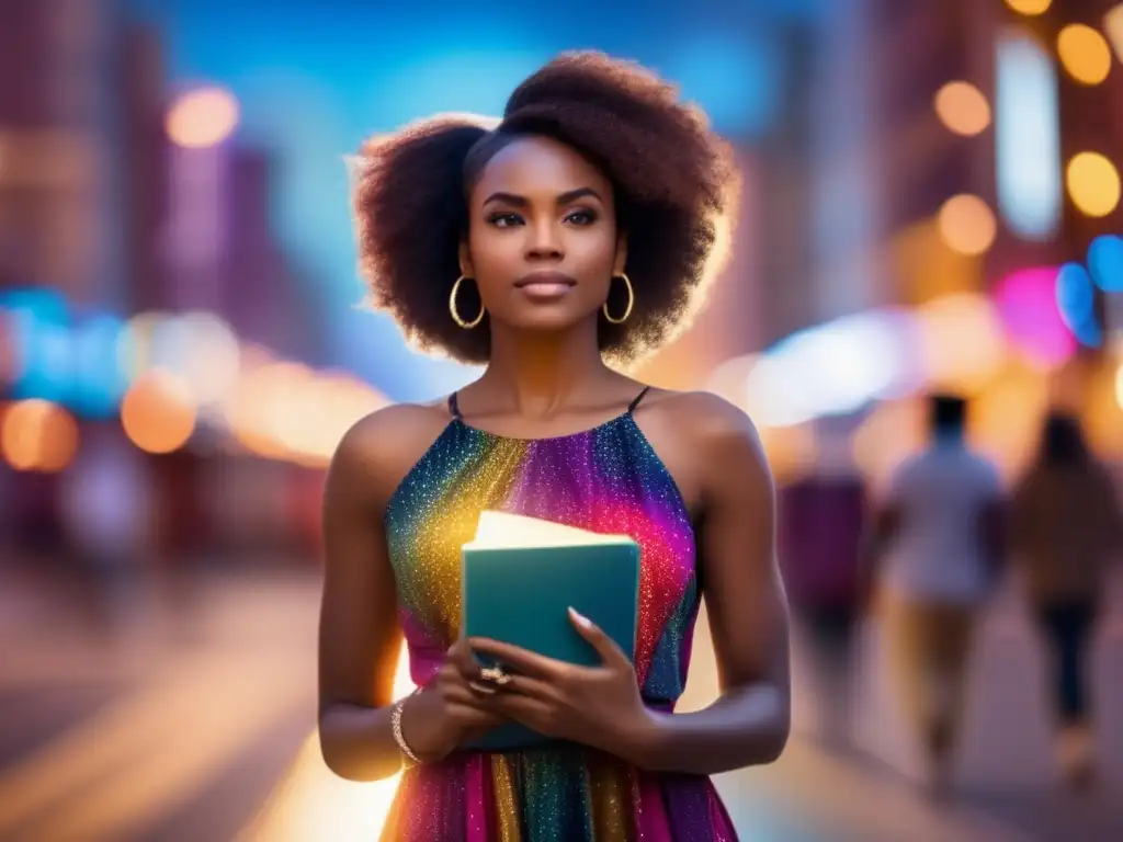 A sleek African American woman stands tall in a colorful dress on a bustling city street, basking in the glow of flashing lights and street activity