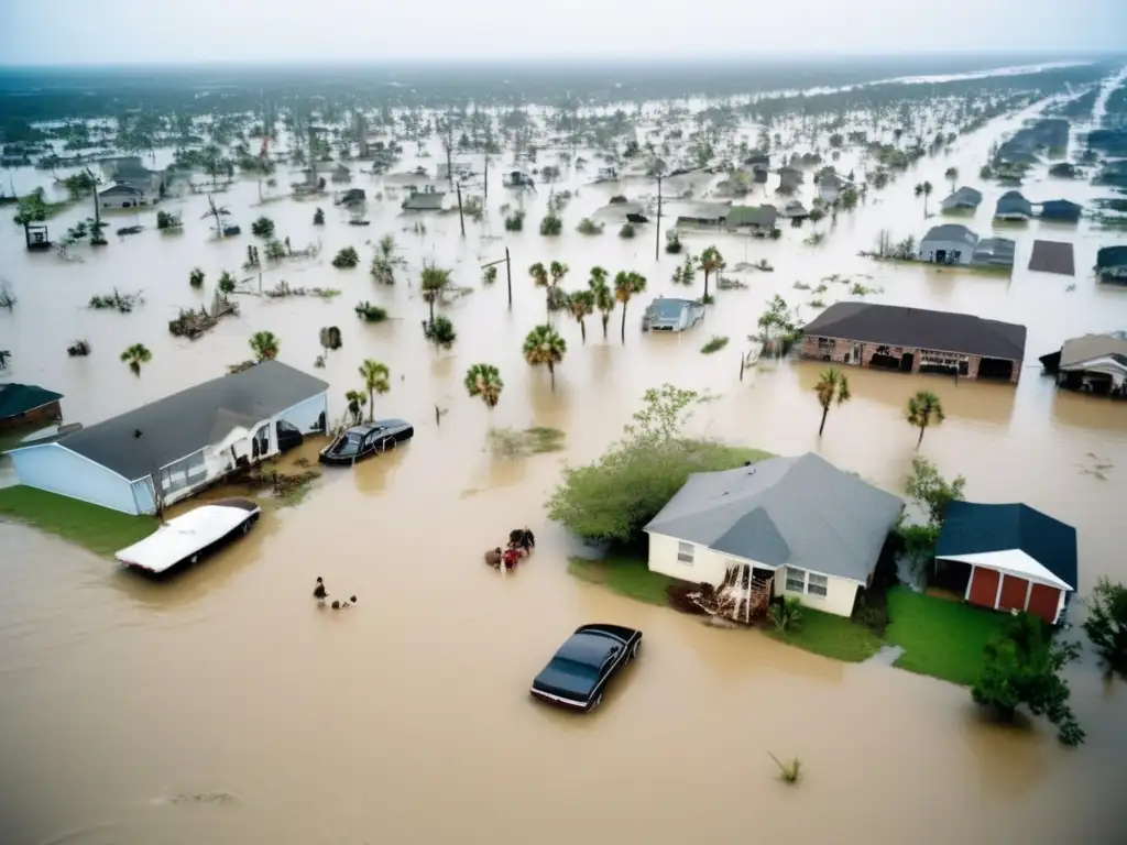 Hurricane Katrina's devastating aftermath: flooded buildings, abandoned cars, people wading through waistdeep water