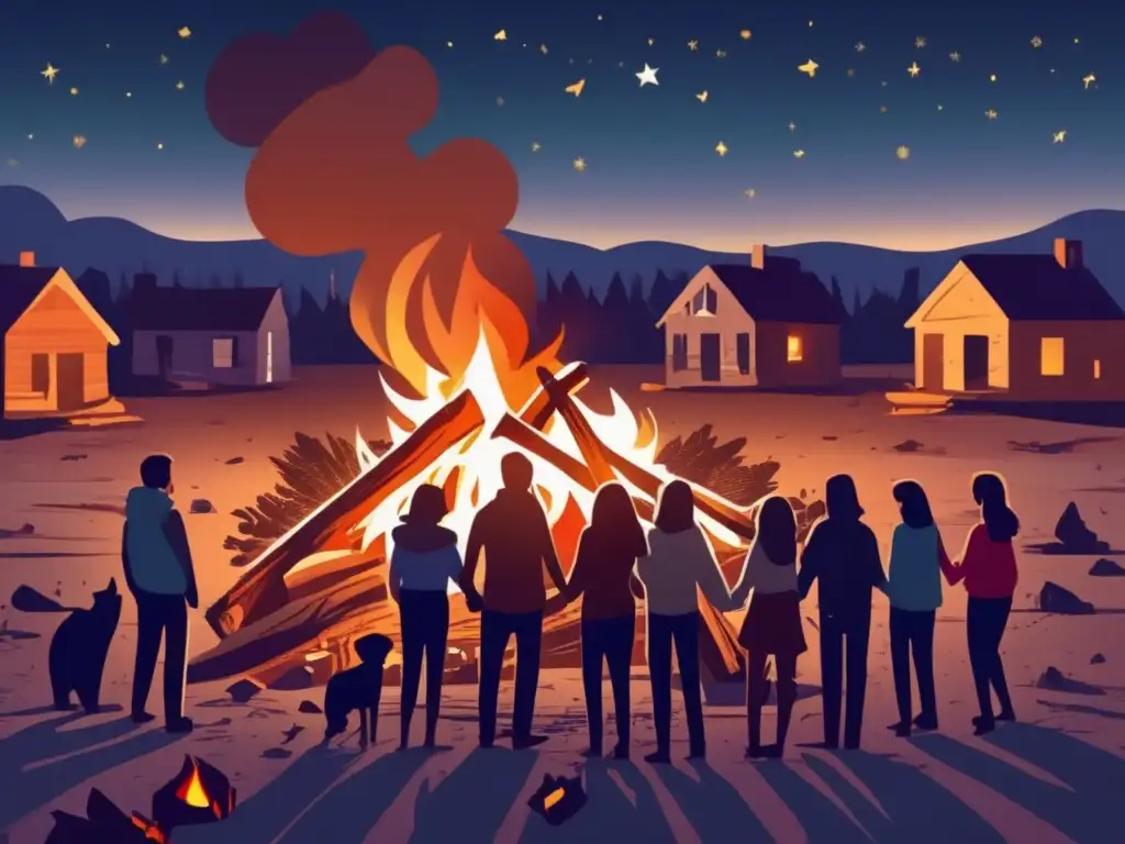 A group of survivors huddle around a bonfire in a devastated town, drawn together by the warmth and hope it brings