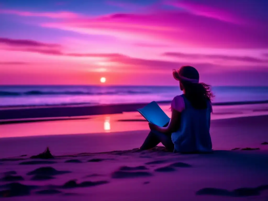 A lonesome figure sits on a desolate beach, lost in thought, with a journal clutched tightly in hand as the sun sets in hues of pink and orange