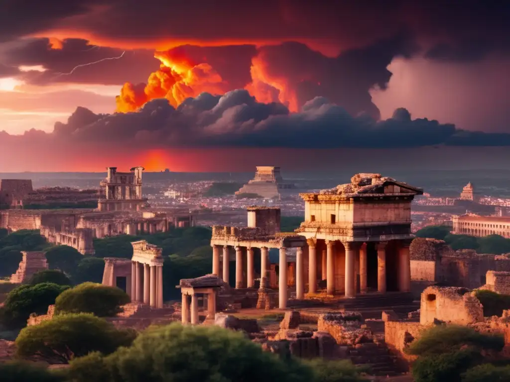 Amidst the ruins of ancient buildings, a fiery sky looms in the distance, hinting at a brewing storm