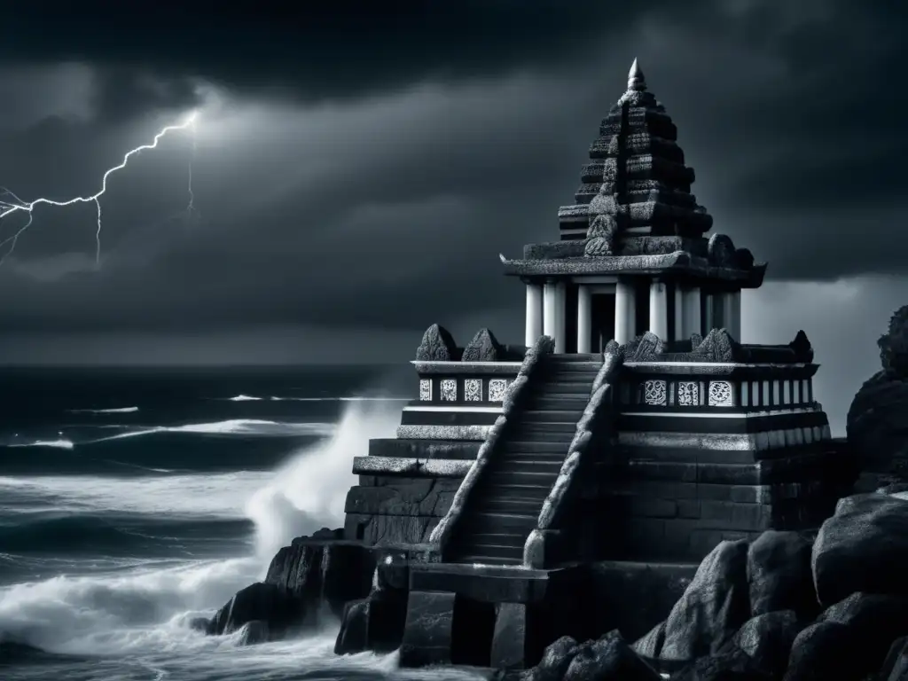 A haunting black and white image of a prehistoric temple on a rocky cliff, perched precariously over the turbulent ocean