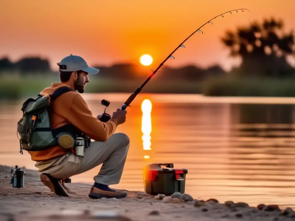 Awaiting his next catch, an angler patiently waits by the water with an emergency fishing kit at the ready