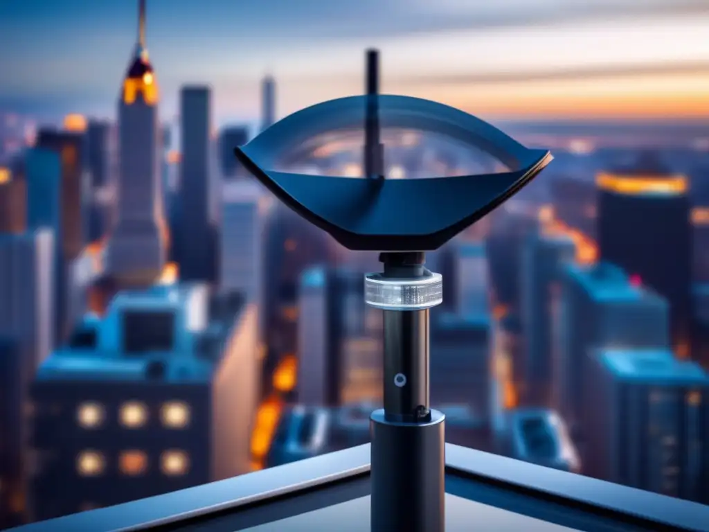 Sleek digital antenna captures the city skyline, perched atop urban landscapes, with a sense of purpose and precision