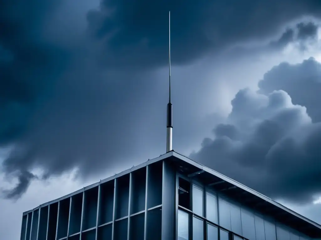 During the hurricane, a digital antenna sits atop a rooftop, standing tall amidst the destruction