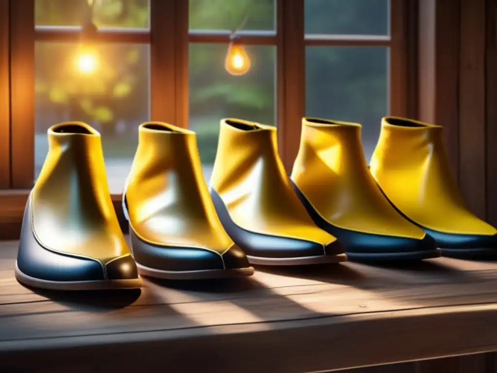 Warm yellow light filters through a rustic wooden table, illuminating several pairs of antislip shoe covers displayed on the surface