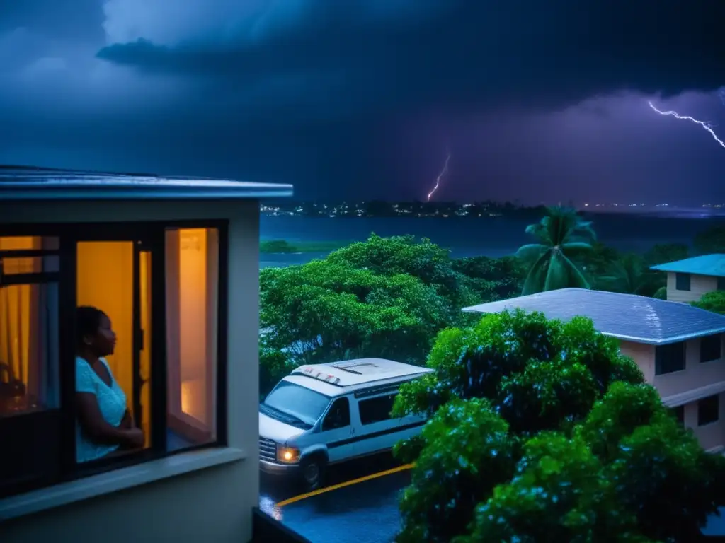 Anxious woman surveys the devastation of a storm-torn city from her apartment window, as cars, buses, and trees are left abandoned in the chaos