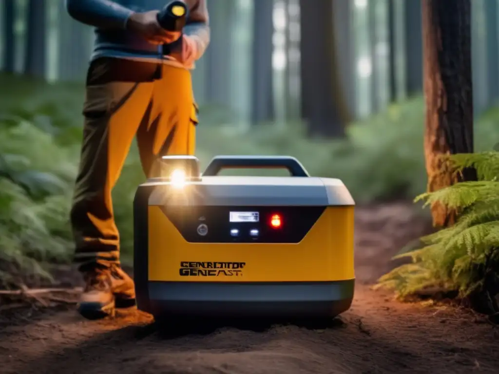 Dash-Person assessing portable generator's performance in peaceful forest setting, determined expression-improving SEO