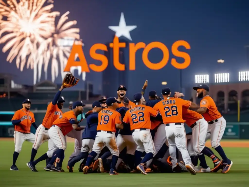 A cinema-quality image shows the Houston Astros team celebrating their 2017 World Series victory, amidst the hurricane aftermath