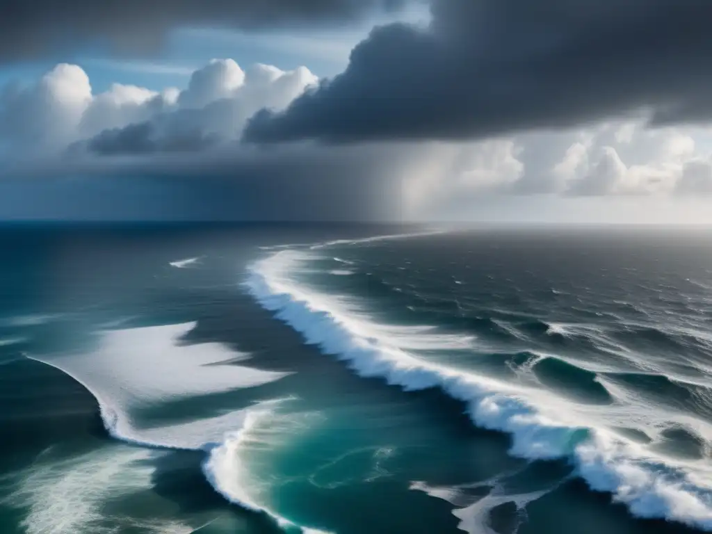 The vast expanse of the Atlantic Ocean, with swirling waters and towering waves, sets the stage for a powerful hurricane in the foreground