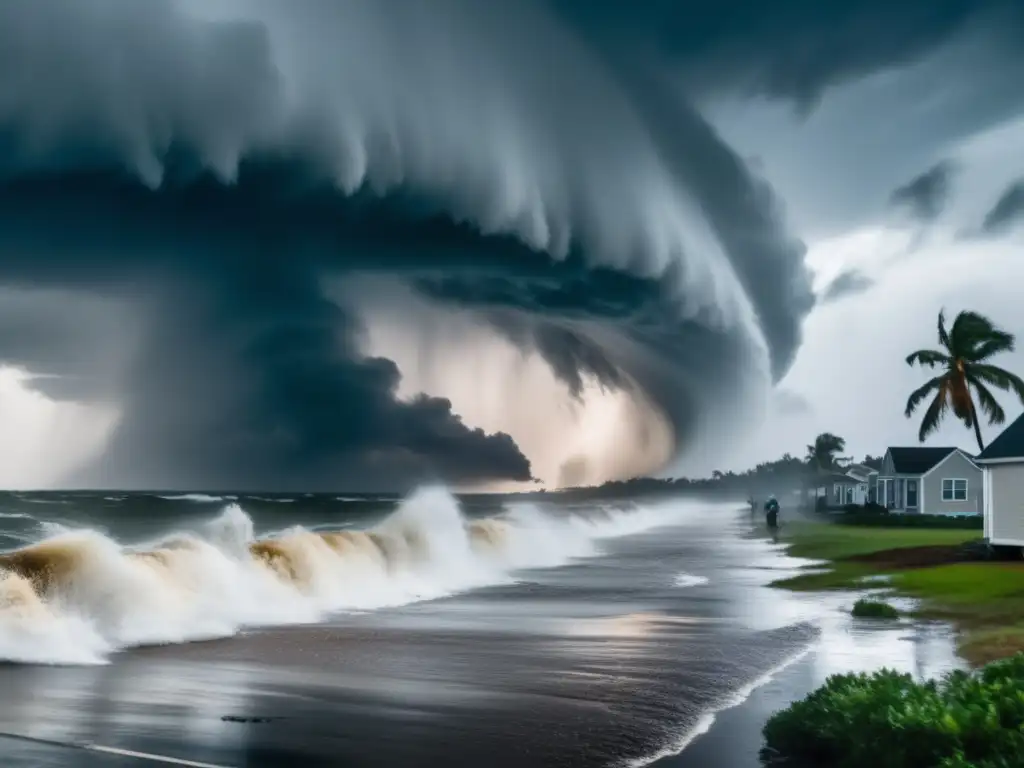 A hurricane makes landfall with towering waves crashing onto the shore, winds ferociously affecting the surrounding areas, dark and overcast sky, rain pouring down, debris and destruction visible in the foreground, people fleeing their homes, ethereal water visible with reflections of surrounding buildings and trees, cosmic phenomena in the background