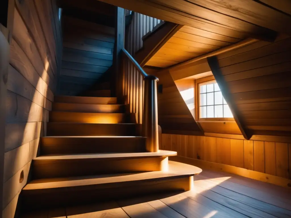 A spiral staircase with grooved wooden planks leads upwards towards an attic hatch