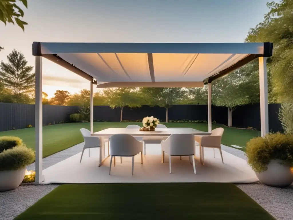 A drone shot of a tranquil backyard, with a windproof awning retracting behind a contemporary white table and chairs set