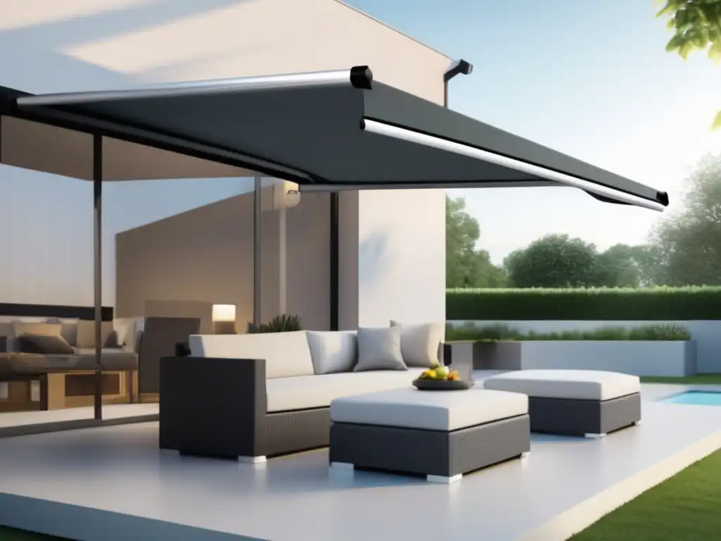 A sleek and modern awning extends over a minimalist patio, with a sturdy frame and durable fabric that withstands the elements