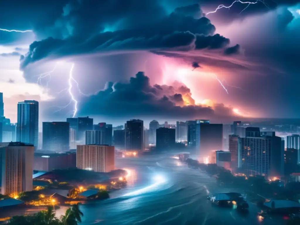 A super hurricane ravages a city skyline: a cinematic style image capturing the raw power and devastation of nature's forces