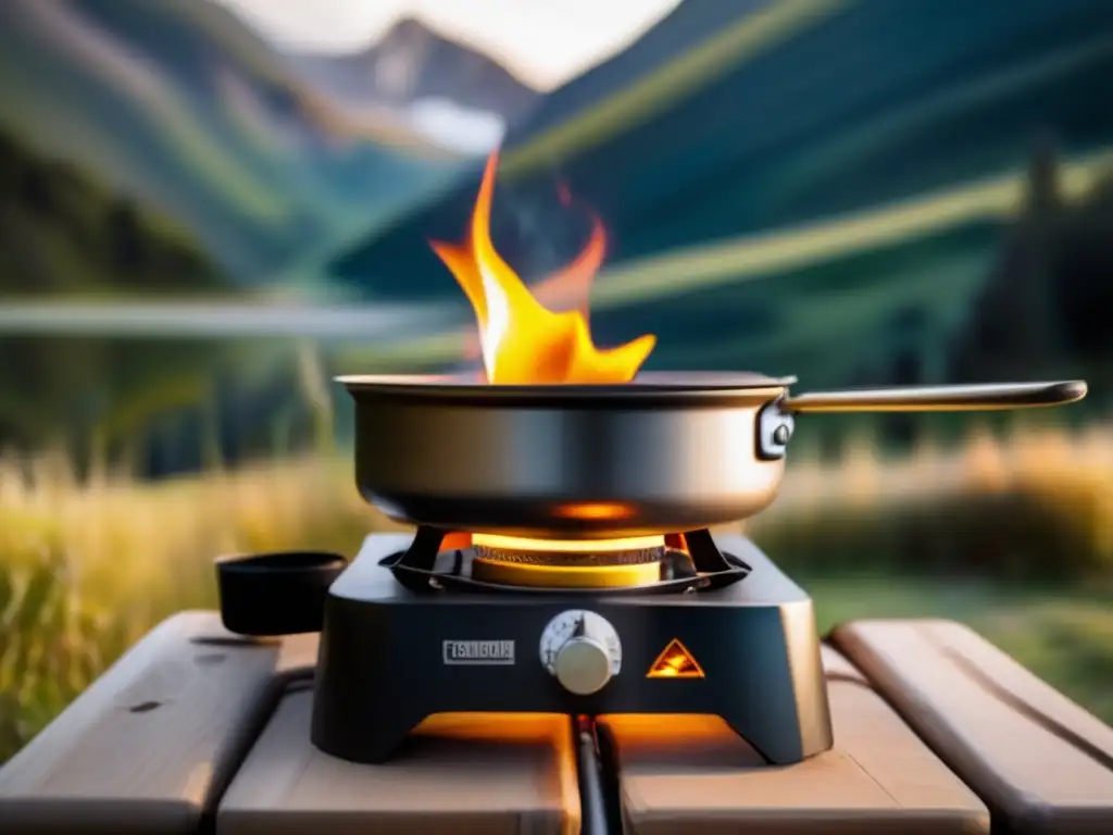 A stunning close-up of a backpacking stove set up on a wooden camping stove, with a bright yellow gas flame flickering in the air