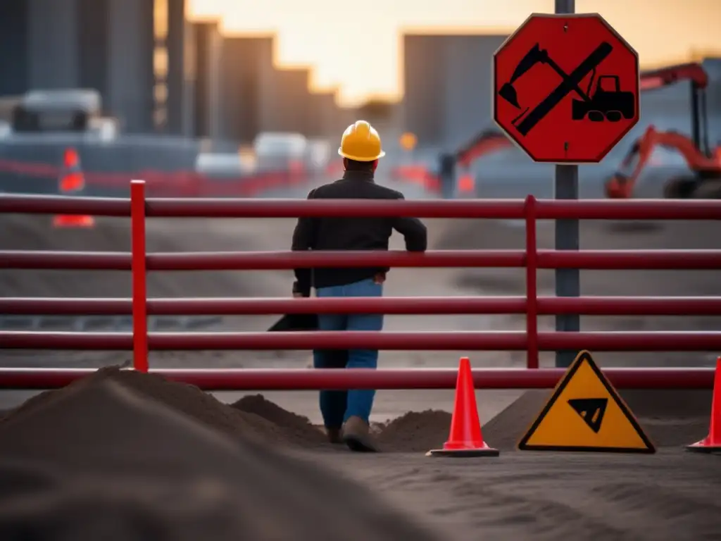 A person, small and determined, vigilantly navigates past a daunting construction zone barricade surrounded by ominous red warning signs