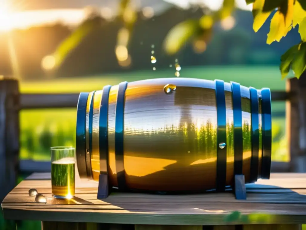 A cinematic scene of a rain barrel overflowing with water, casting reflections and droplets catching the sunlight