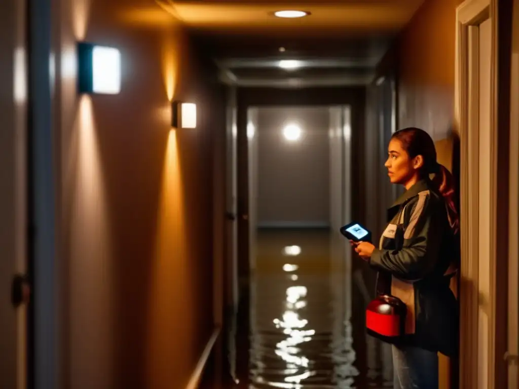 A woman in distress illuminates the dimly lit hallway with a flashlight, urgently installing a battery-operated security alarm system to stop flooding