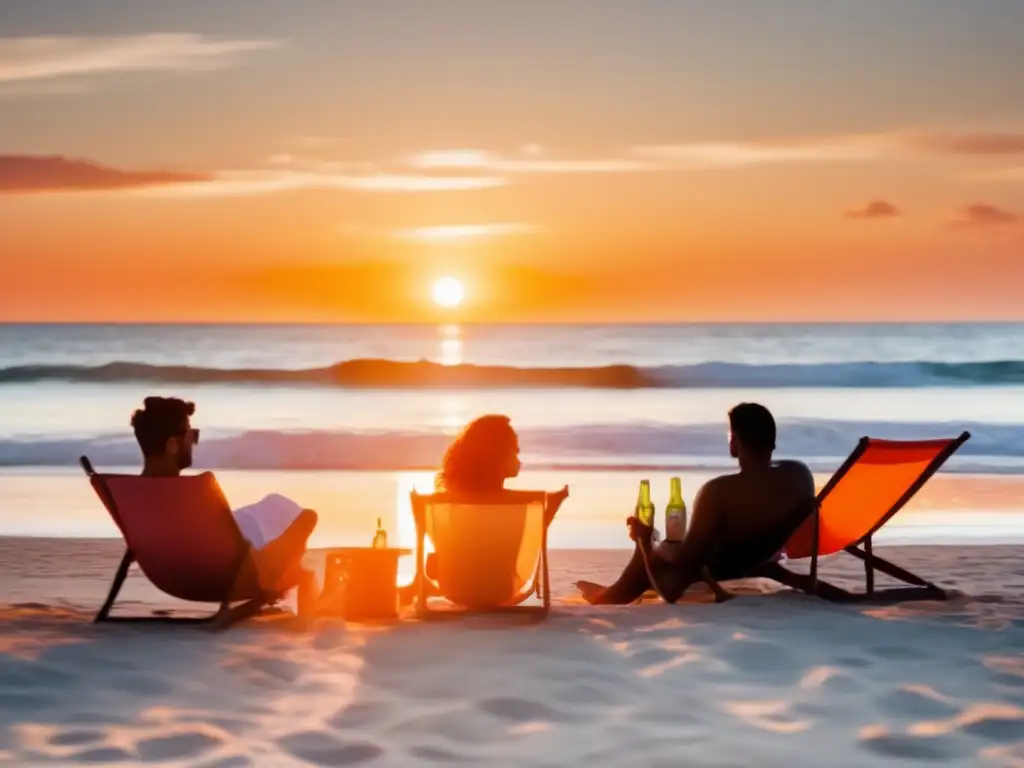 Serene beach scene, sun and orange glow, portable fan swaying in breeze