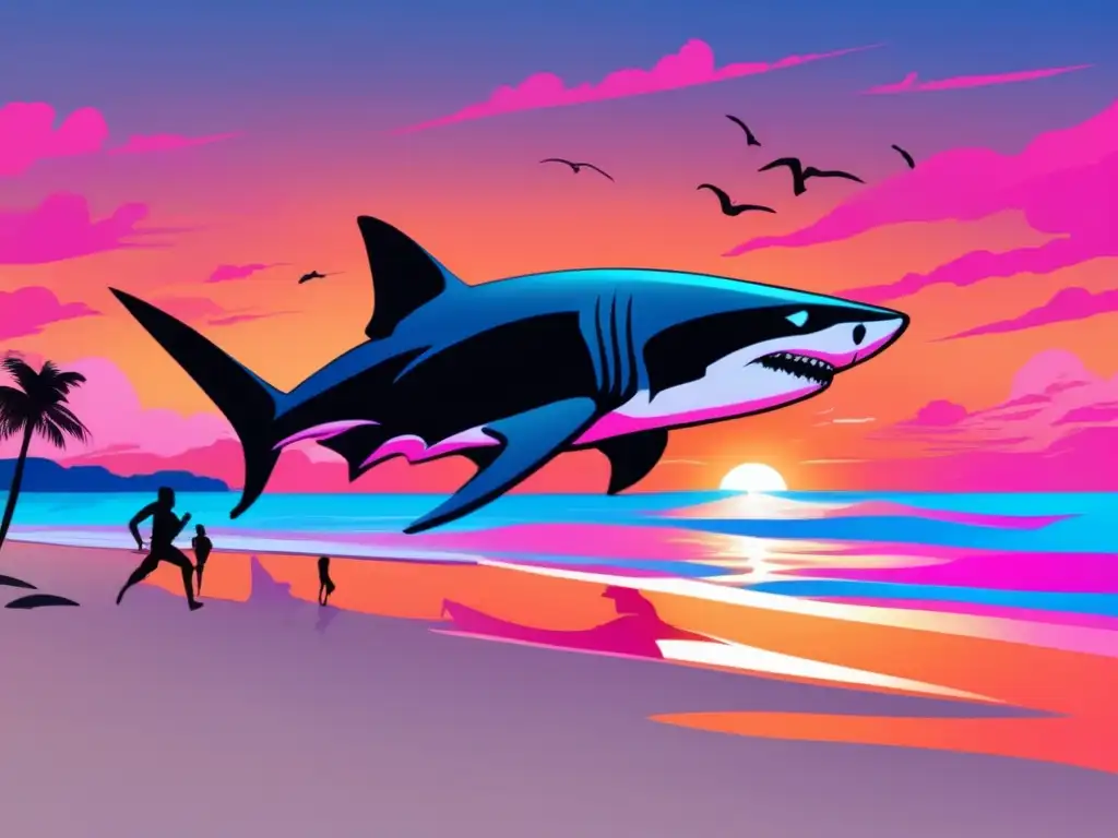 Dash: A panicked group of people on a white sandy beach watch in horror as a sleek black shark leaps from the crystal clear blue water towards them