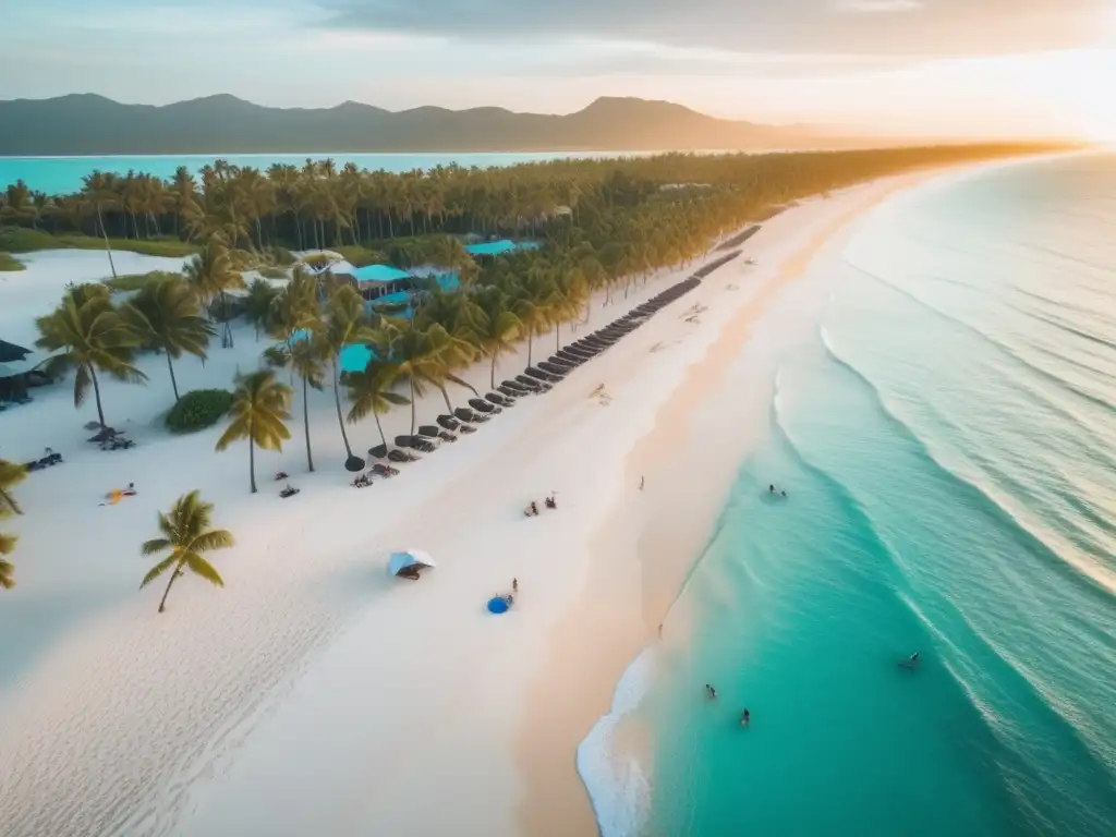 A serene and stunning aerial shot of a tranquil beach with crystal clear turquoise waters and pristine white sand