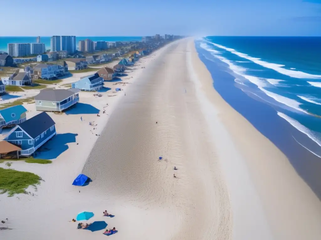 A breathtaking view of a post-hurricane beach: waves lap over sand covered in debris, while resilient buildings stand tall with hopeful windows