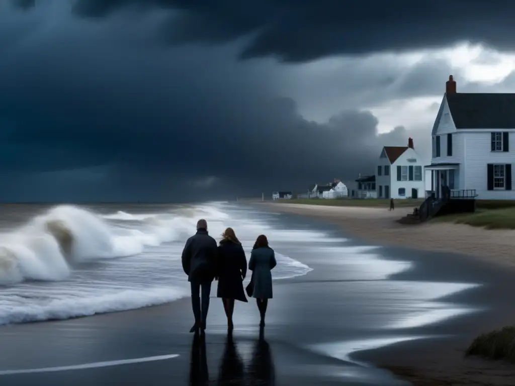 Dark clouds cast long shadows over a tranquil coastal town, hinting at impending weather chaos