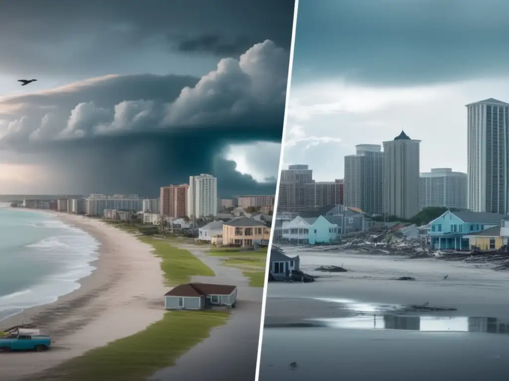 Devastated coastal city after hurricane: A cinematic style image showcasing the stark contrast between a vibrant and thriving city before and after the devastation of a hurricane