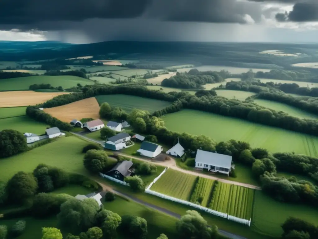 A captivating aerial shot of a small rural town, caught in the midst of nature's wrath