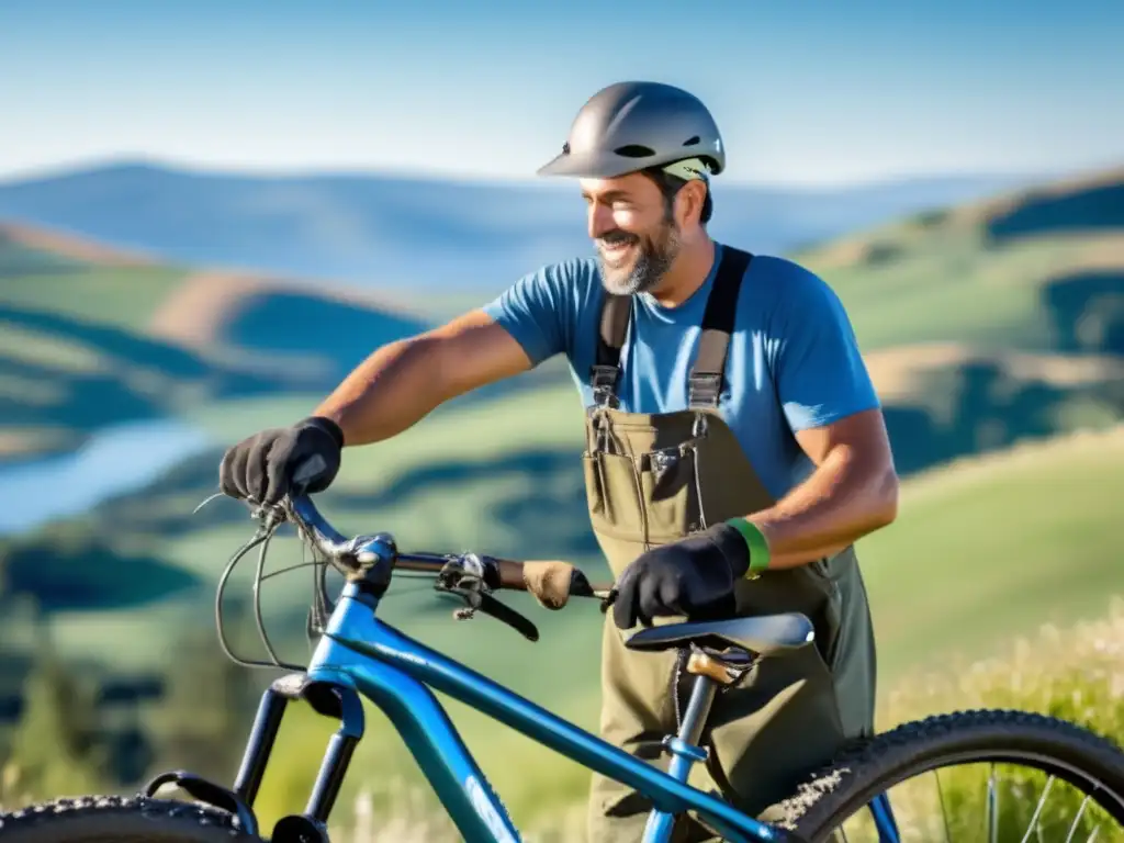 A bicycle repairman atop a mountain, surrounded by green hills and a clear blue sky