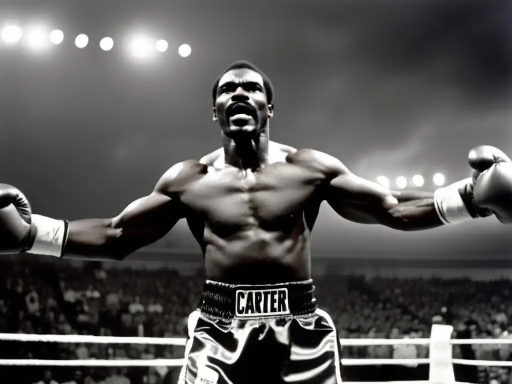 Captivating image of boxing champion Rubin Carter standing tall in the center of the ring, his gaze fixed on the sky above