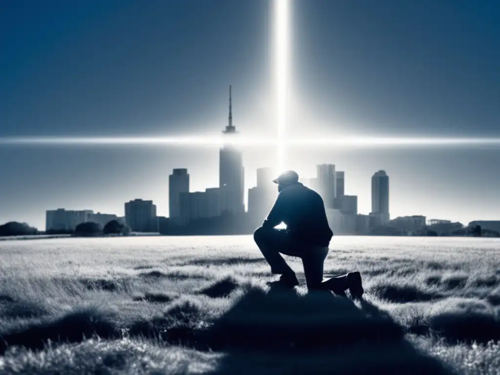 A humbling image of Chen Guangcheng, blind and kneeling on the grass, surrounded by the towering skyline of a city in the distance