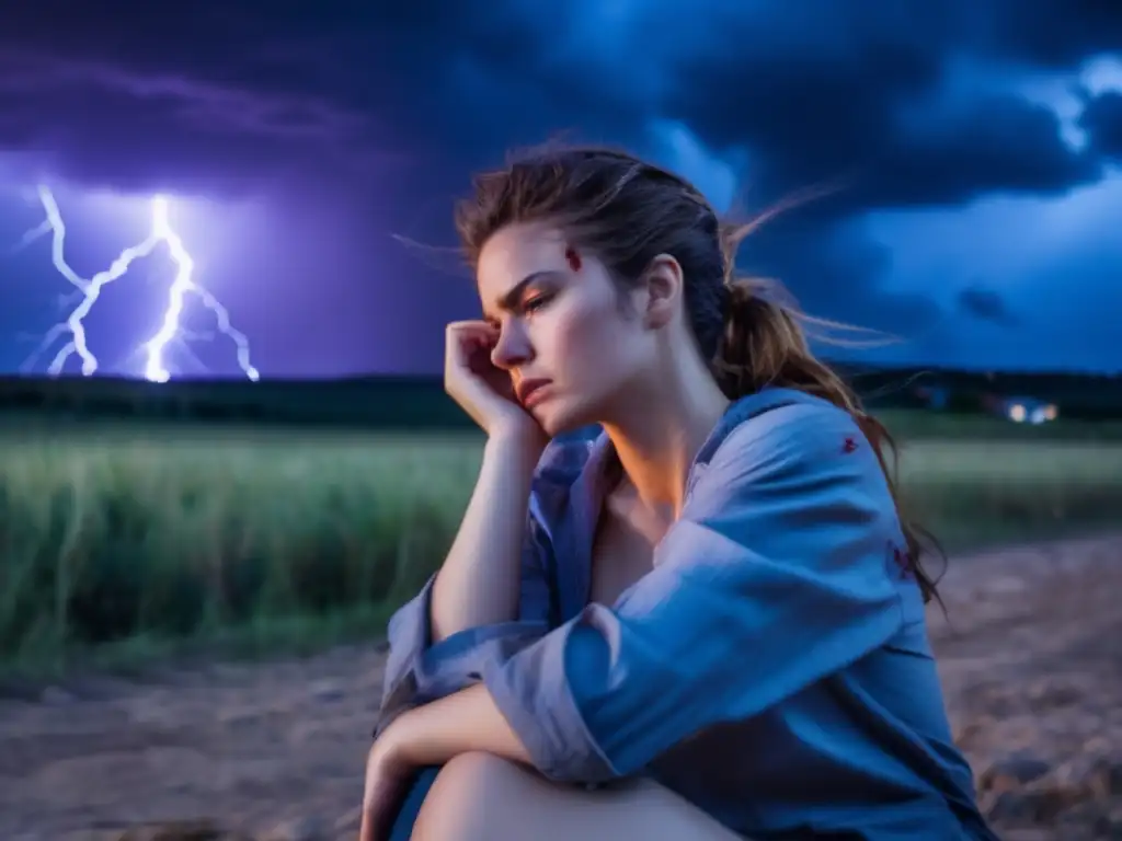 A young woman lying still, bloodied and sutured as thunder pounds and lightning flashes fiercely in the dull, ominous sky