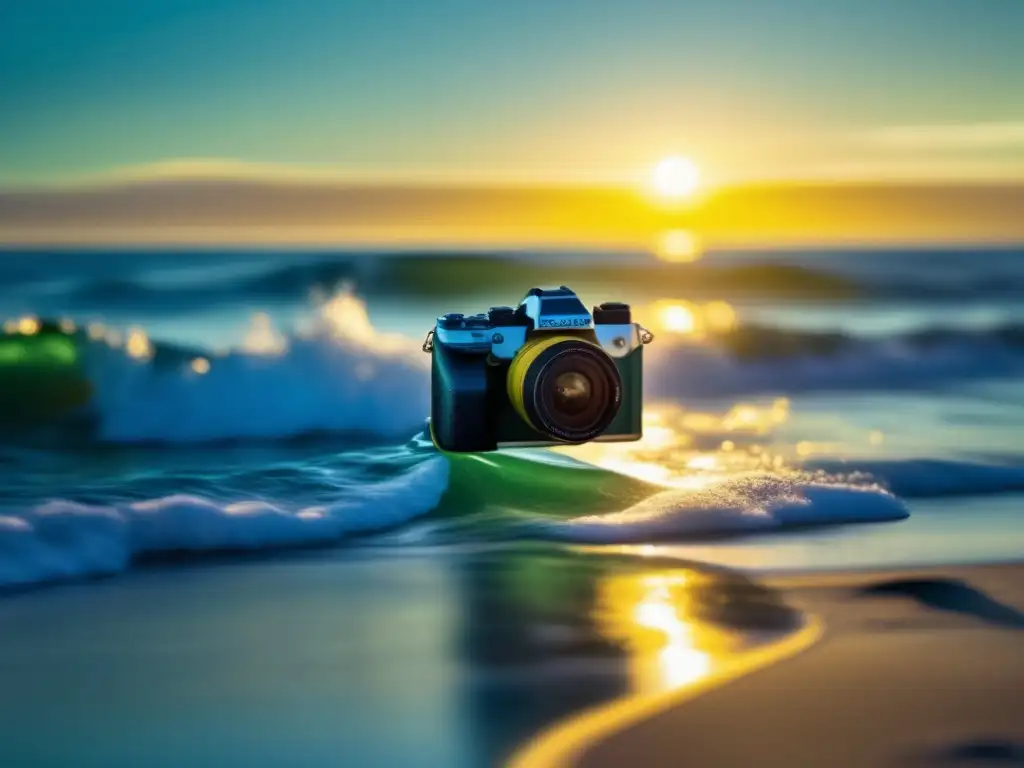 A breathtaking view of the azure sea crashing against emerald shorelines, captured by a blue waterproof camera as the sun dips below the horizon