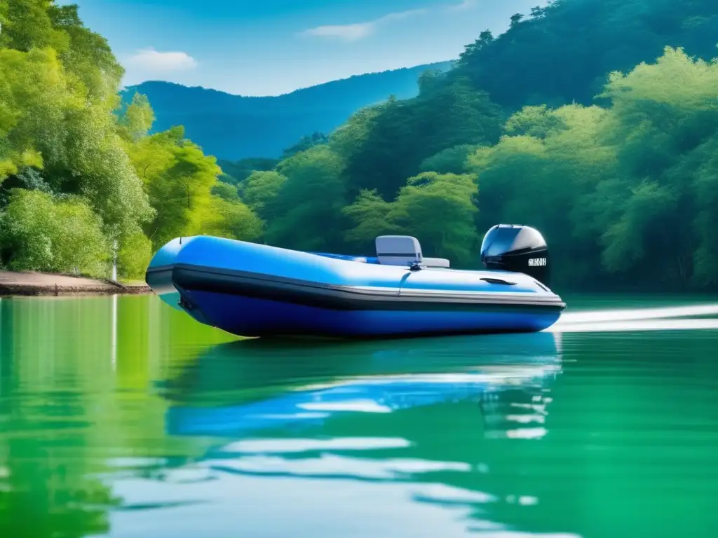 Dash - A stunning inflatable boat in a serene lake setting with lush greenery and sunny skies - the perfect adventure awaits!