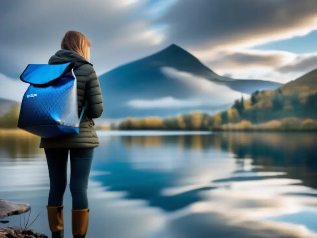 A woman stands by a tranquil lake, her reflection captured in the waterproof bag on her back